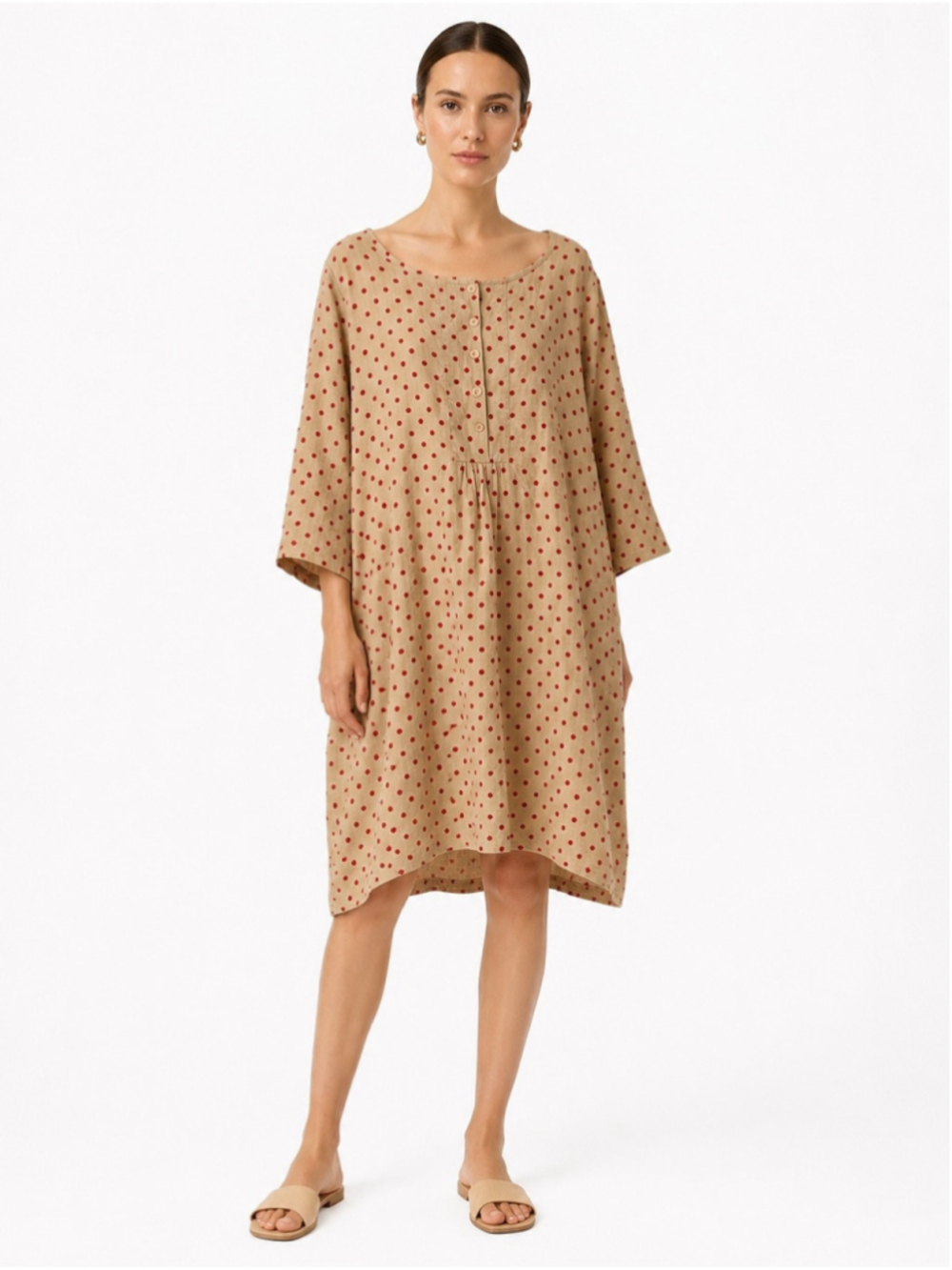 Relaxed Polka Dot Linen Dress - Beige with Red Dots